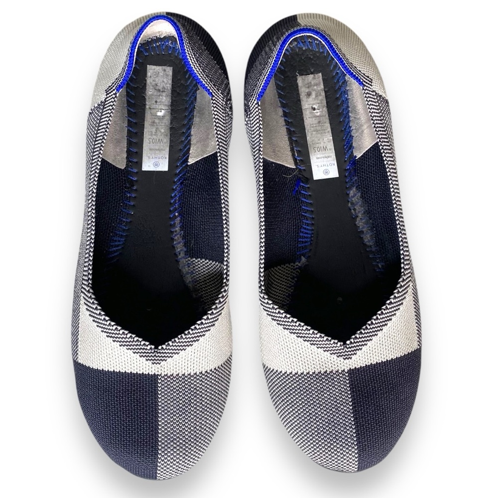 Rothy's Women's Plaid Checks Blue White Round Toe Flats Shoes Size 10.5